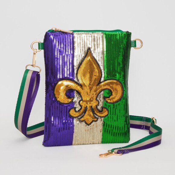 Handbags - Mardi Gras Sequin Crossbody Bag with Fleur de Lis